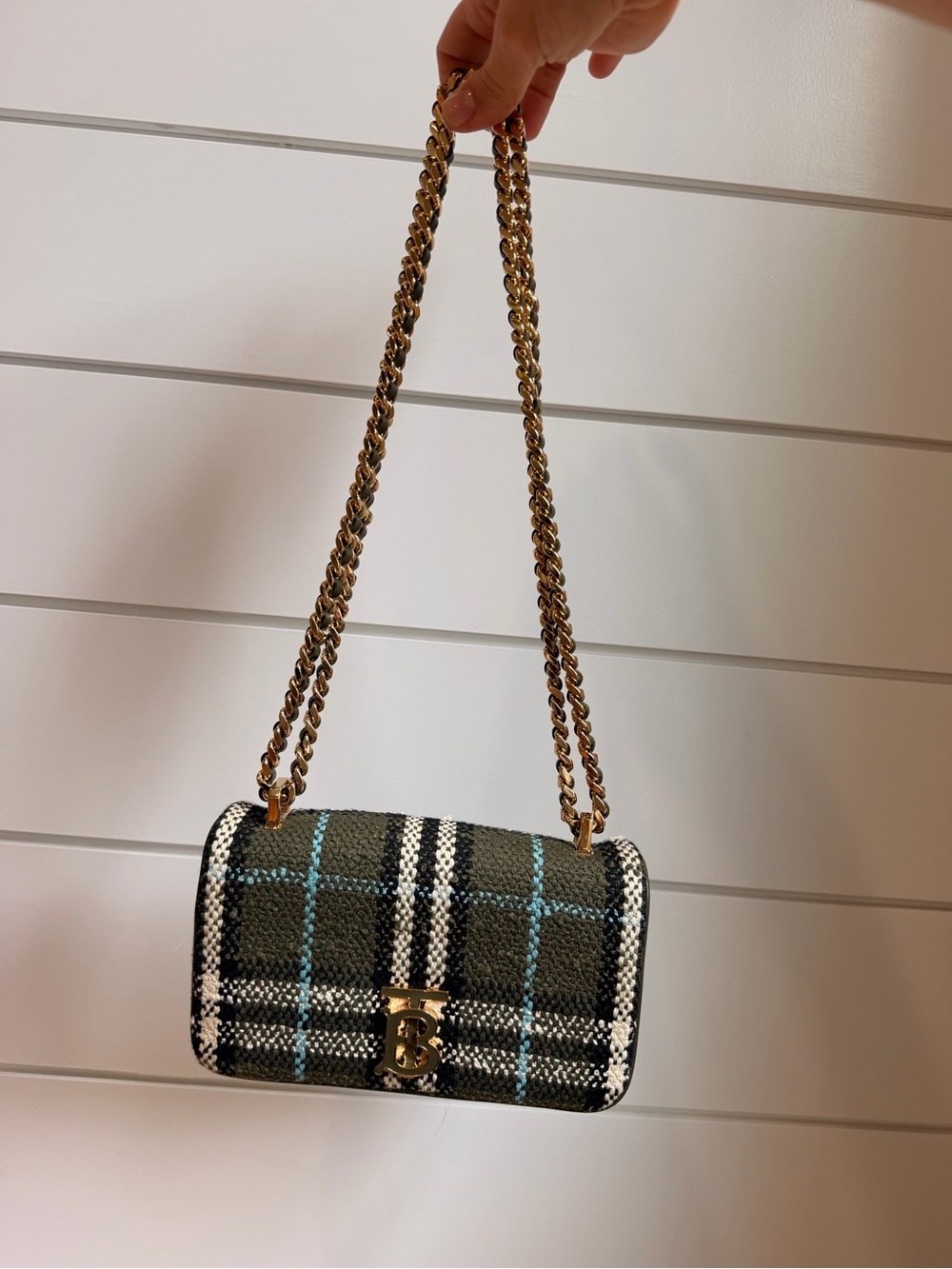 Burberry Mini Lola Olive Green Plaid Crossbody Bag with Gold Chain